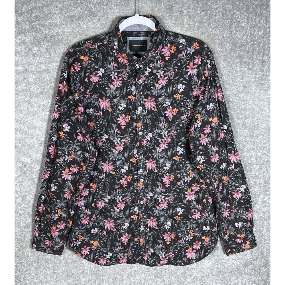 Westbury Premium Button Down Shirt Mens Sz M 39-40 Slim Fit Dark Floral Pocket